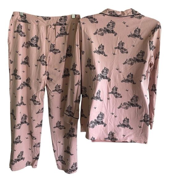 Soma Pajamas Women's Small Black Pink Black Birdcages Top Pants Set Soft Knit - Picture 4 of 5
